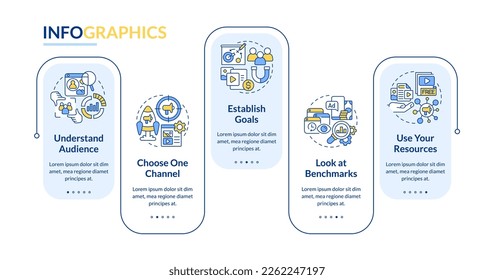 Start social media advertising rectangle infographic template. Data visualization with 5 steps. Editable timeline info chart. Workflow layout with line icons. Lato-Bold, Regular fonts used