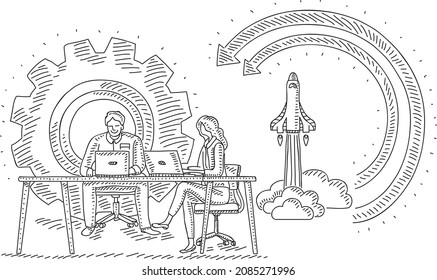 Start up solution. Software technology. Two people sitting at the table with laptops- sketchy hand-drawn vector illustration.