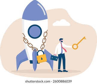 Start solving business problems. businessman unlocks rocket from chains

