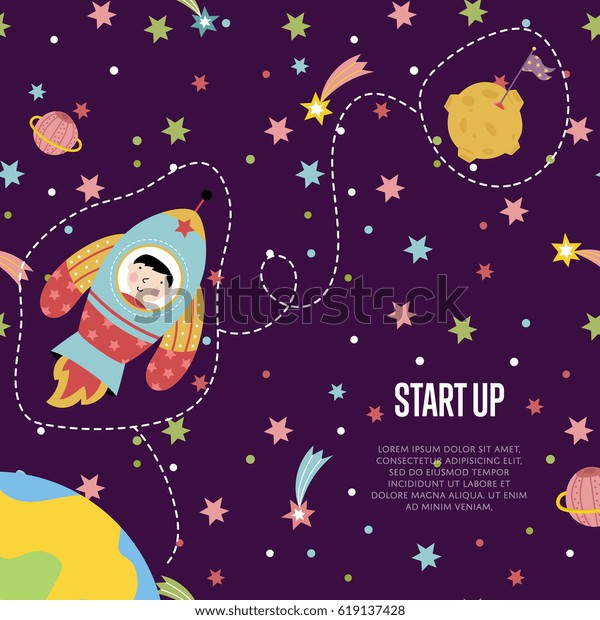 Start up space cartoon template. Spaceship\
with astronaut flying among outer space with stars and planets from\
earth to the moon vector\
illustration.