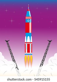 Start Space Rocket Carrier From The Launch Pad. Color Vector Illustration.