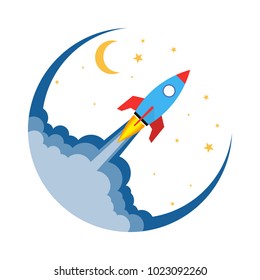 Start up of the space rocket. Rocket ship in flat design. Vector illustration. Concept of business launch.