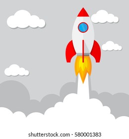 Start up of the space rocket. Rocket ship in flat design. Vector illustration. Concept of business launch.