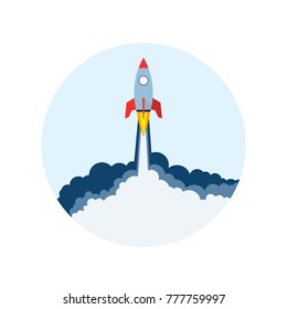 Start up of the space rocket. Rocket ship in flat design. Vector illustration. Concept of business launch.