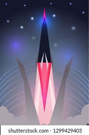 Start spaceship. Rocket ship launch on blue background with stars and clouds. Space travel in a flat style