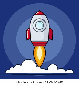 Start the spaceship. Vector illustration .Icon Blue background