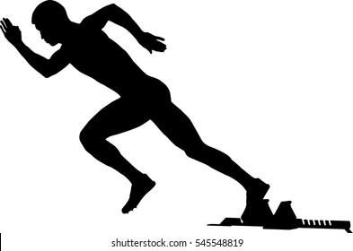 Start-Sprint-Athlet-Läufer in Startblöcken. Schwarze Silhouette, Vektorgrafik