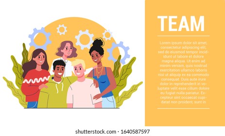 Start up steps. Business team standing together. Group of businessmen. Leader of the successful team and office worker. Isolated vector illustration in cartoon style