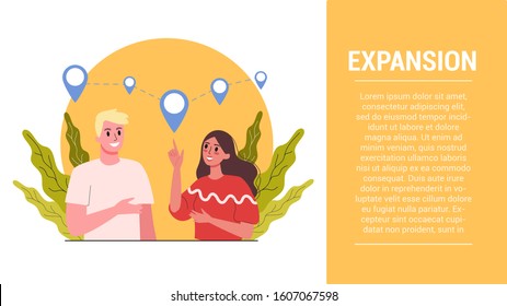 Start up steps idea. Small business expansion phase. Franchise development and globalization idea. Successful business expansion. Vector illustration in cartoon style