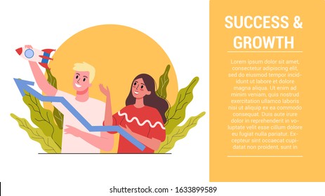 Start up steps. Success web banner concept. Strategy, teamwork, marketing and finance. Idea of progress and business growth. Isolated vector illustration in cartoon style