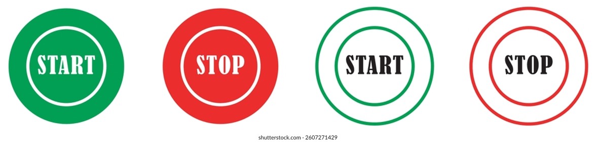 Start and stop buttons in green and red circular designs representing process control workflow management. Green start and red stop icons. Process control start stop sign. Vector illustration