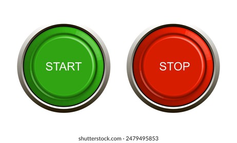 Start and stop buttons isolated on white background. Top view, vector illustration.