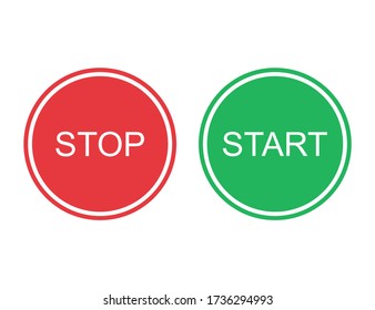 Start and stop buttons in red and green colors. Round power off and on circle. Isolated control shape with stop and start text. Power symbol. Push and click buttons. Vector EPS 10.