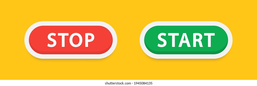 Start and stop buttons. Web buttons isolated on yellow background. Green and red buttons. Press button icon vector. Vector illustration. EPS 10