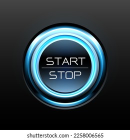 Start stop engine button blue light power on black design concept technology background vector illustration.