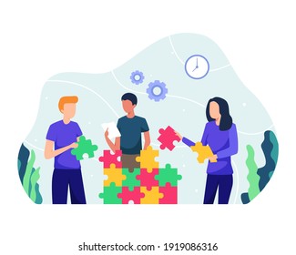 Start strategizing concept illustration. Collaborate to build something creative, Teamwork and startup concept. Men and women work together and brainstorm find idea and solution. Vector in flat style