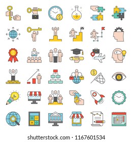 start up and success entrepreneur related icon such as mindset, launching start up, vision, time management, skills development, crowdfunding and marketing research, outline editable stroke icon 