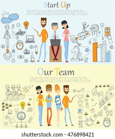 Start up and team work background. Hand drawn business ideas sketch.