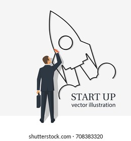 Start up template. Businessman draws flying rocket on wall. Symbol of start of project's launch. Vector illustration cartoon flat design. Isolated on white background. Business metaphor.