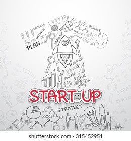 Start up text, With creative drawing charts and graphs business success strategy plan idea, Inspiration concept modern design template workflow layout, diagram, step up options, Vector illustration