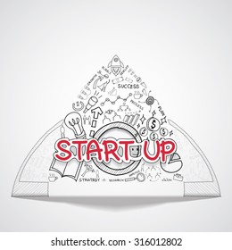 Start up text, With creative drawing charts and graphs business success strategy plan idea, Inspiration concept modern design template workflow layout, diagram, step up options, Vector illustration