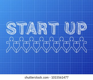 Start up text hand drawn with paper people on blueprint background