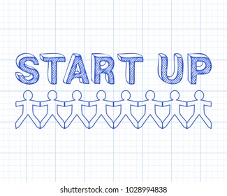 Start up text hand drawn with paper people on graph paper background
