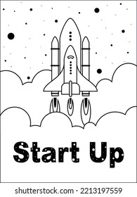 Start Up text and launch spaceship. Concept flat vector illustration in black and white colors