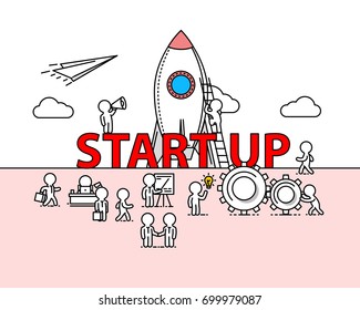 Start Up text work office with people. Vector illustration