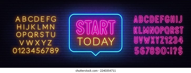 Start Today neon sign in the speech bubble on brick wall background.