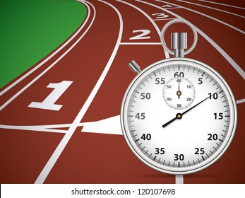 Start Track With Stopwatch. Lines On a Red Running Track. Vector