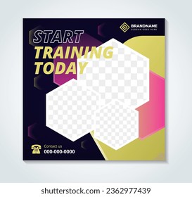 start training today, Fitness gym social media post banner template with blue, gold, and pink. Workout and Sports. hexagon shape for space of photo collage.