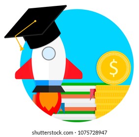 Start training at university icon. Vector launch education rocket and financing study learning illustration