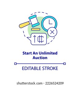 Start an unlimited auction concept icon. Monetization. Way of NFTs selling abstract idea thin line illustration. Isolated outline drawing. Editable stroke. Arial, Myriad Pro-Bold fonts used