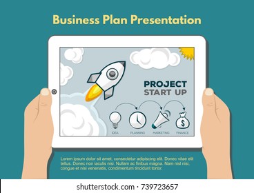  Start up, Business concept. Man holding a tablet. Flat style Vector illustration