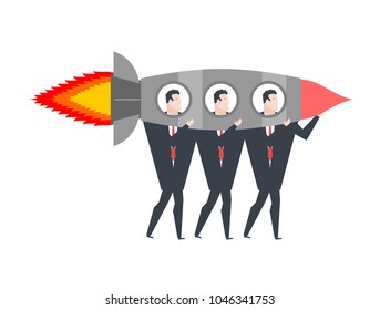 Start up. Business team in rocket. Office life vector illustration.