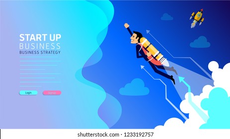 Start Up. Businessman Flying Off With Jet Pack Vector Flat Illustration. Male Office Worker Flying Up By Rocket And Take Off The Ground. Business Concept Career Boost, Start Up And Growth Business