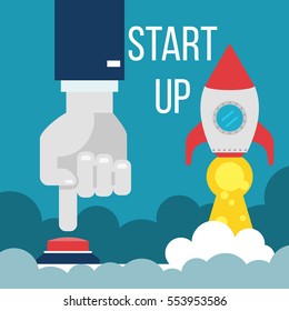  Empieza. Empresario presionando el botón de inicio. Ilustración de vector de negocio conceptual