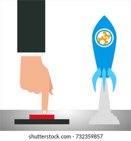 Start Up. Businessman pushing the start button. Concept business vector Template illustration