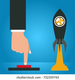 Start Up. Businessman pushing the start buttonn. Concept business vector Template illustration with Blue Background