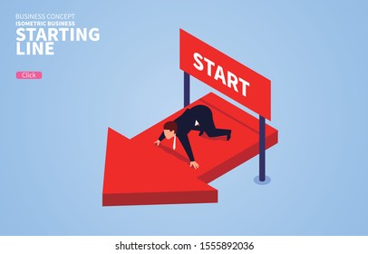 Start up, businessman ready to start on red arrow