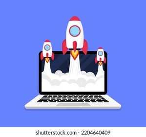 Start Up. Concept of new business project start-up development and launch a new innovation product on a market. Financial success of business start up. Creative or innovative idea. Rocket launch.