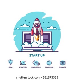Start up. Concept for new business project, launching product or service with symbols. Vector illustration.