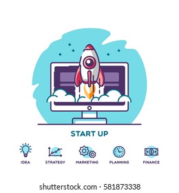 Start up. Concept for new business project, launching product or service with symbols. Vector illustration.