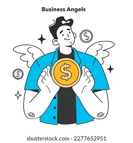 Empiecen a financiar. Emprendedor recibiendo dinero de business angel para un nuevo proyecto de negocio. Apoyo financiero e investigaciones de ideas creativas. Ilustración vectorial plana