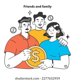 Start up' financing. Entrepreneur receiving money from their friends and family for a new business project. Financial support and investitions of creative idea. Flat vector illustration