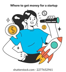 Start up' financing. Where you can get money for your startup. Entrepreneur present a project at business incubator. Financial support and investitions of creative idea. Flat vector illustration