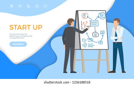 Start up, find more about types of programming and algorithmization. People on conference near tripod with schemes, graphs and charts, vector web poster template