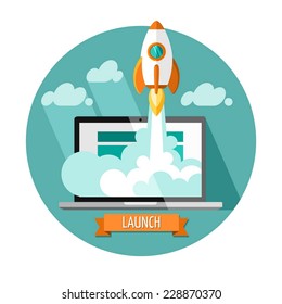 Start Up. Flat design modern vector illustration concept of new business project star-tup development and launch a new innovation product on a market.