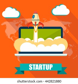 Start Up. Flat design modern vector illustration concept of new business project star-tup development and launch a new innovation product on a market.